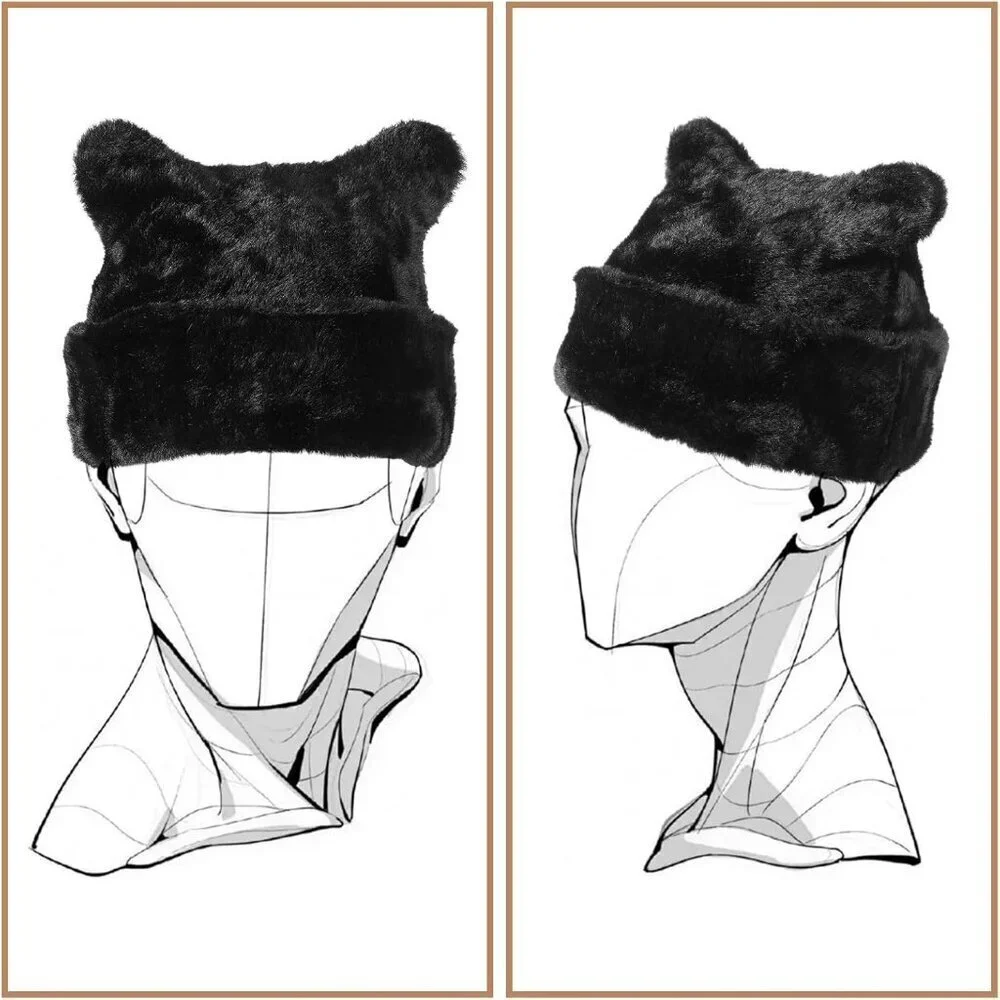 Women's Black Winter Beanie Hat Cute Cat/Bear Ear Hat with Internal Support